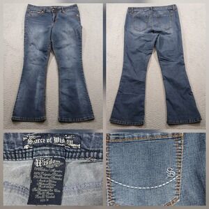 Source of Wisdom Flare Leg Jeans Womens Size 16 Blue Denim Stretch EUC